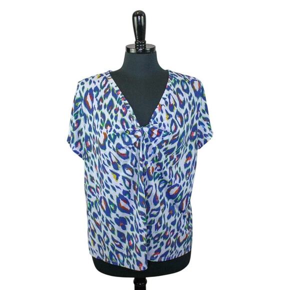 Nine West Blue Multicolor Leopard Print Blouse Top Short Sleeves XXL - Picture 1 of 4